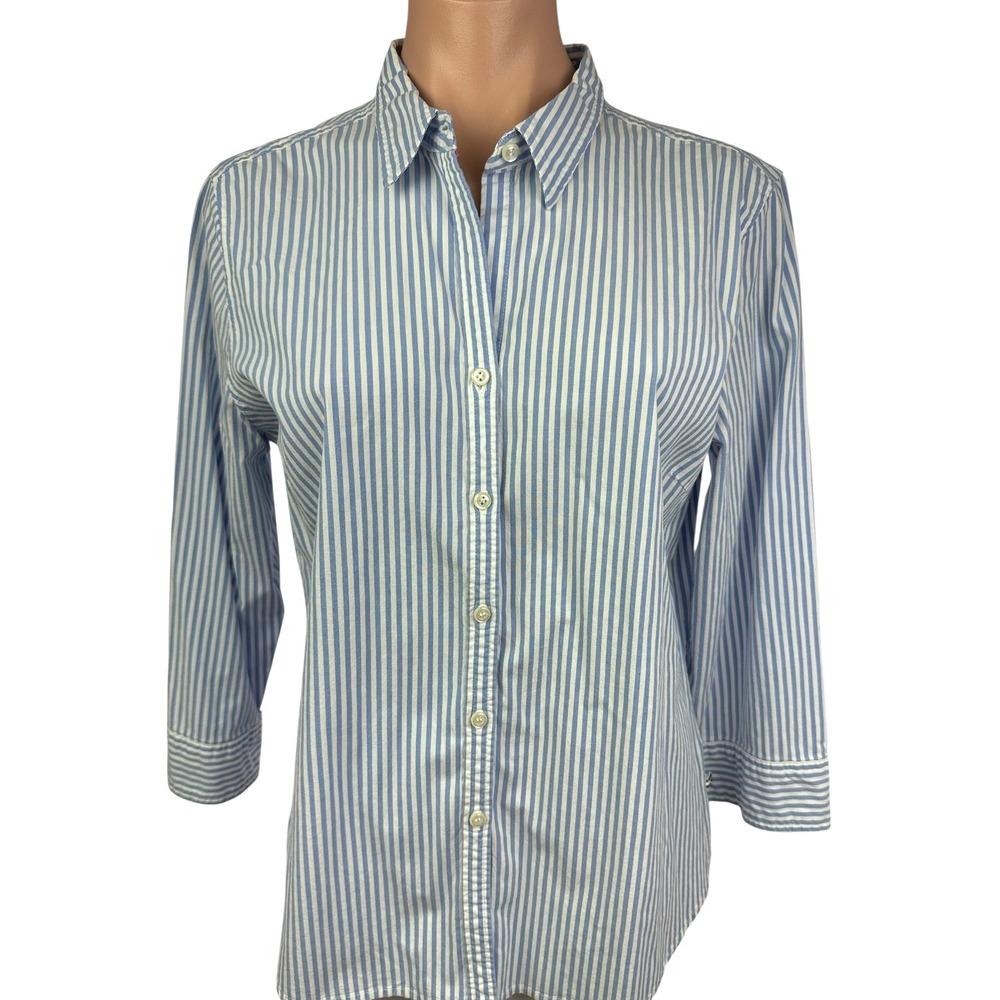 Izod Blouse Sz L Light Blue & White Stripe Long sleeve Cotton/Spandex Collared